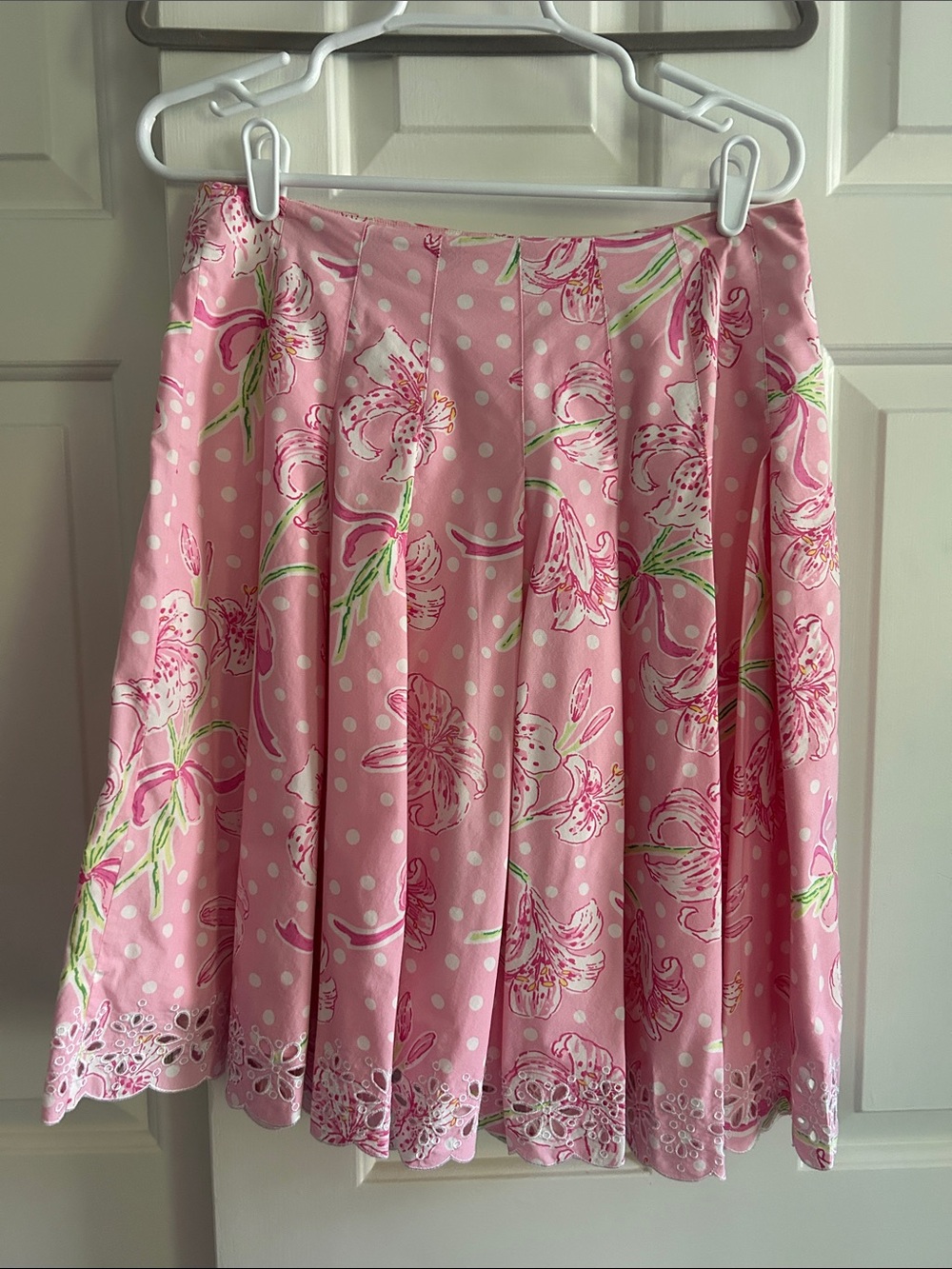 Lilly Pulitzer Pink Floral & Polka Dot Pleated Skirt with Eyelet Hem